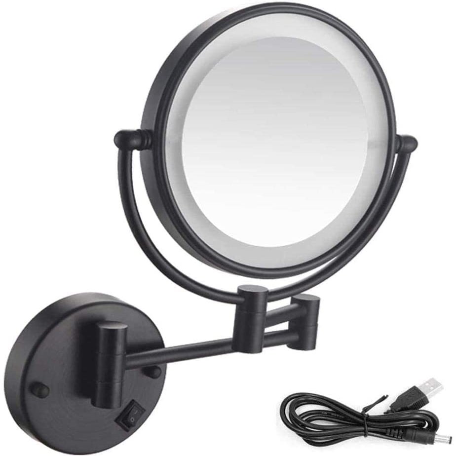NOVOCE Wall Mounted Makeup Mirror with Lights 5X Magnifying Cosmetic Mirror 360 Swivel Extendable Two Sided Vanity Mirror for Bathroom USB Rechargeable-10X