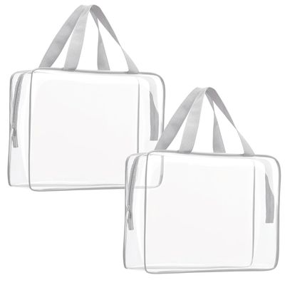 2Pcs Crystal Clear PVC Travel Toiletry Bag Kit for Women Men, Waterproof Vinyl Packing Organizer Storage Bags with Zipper Handle Straps, Cosmetic Pouch Carry on Airport Airline Compliant Bag Handbag