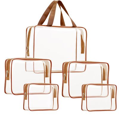 5Pcs Crystal Clear PVC Travel Toiletry Bag Kit for Women Men, Waterproof Vinyl Packing Organizer Storage Bags with Zipper Handle Straps, Cosmetic Pouch Carry on Airport Airline Compliant Bag Handbag