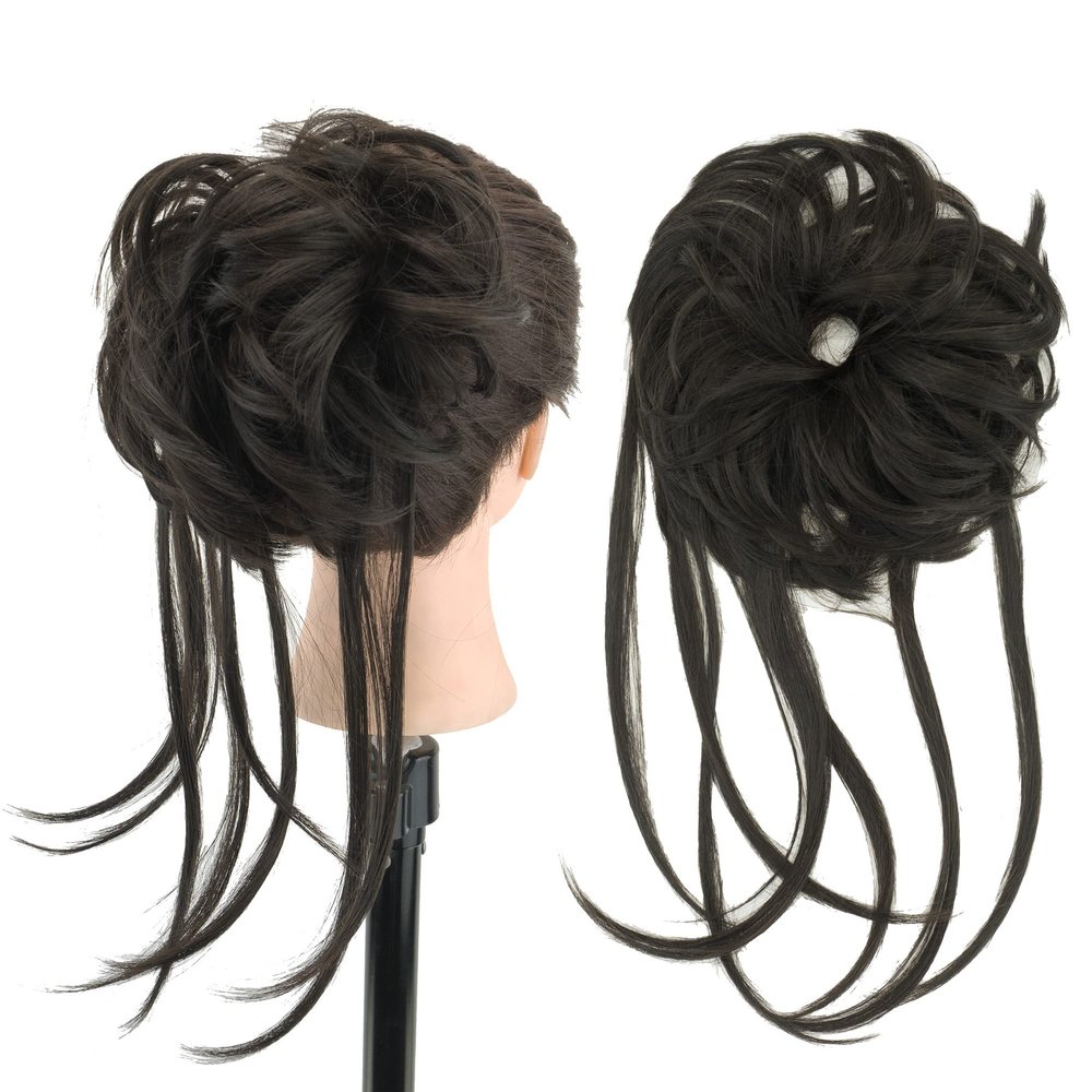 IMISSU 2PCS Messy Hair Bun Piece Updo Long Scrunchies Wrap Ponytail Extension Wavy Hairpieces Chignon Headband (2PCS Dark Brown)