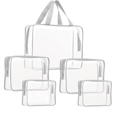 5Pcs Crystal Clear PVC Travel Toiletry Bag Kit for Women Men, Waterproof Vinyl Packing Organizer Storage Bags with Zipper Handle Straps, Cosmetic Pouch Carry on Airport Airline Compliant Bag Handbag