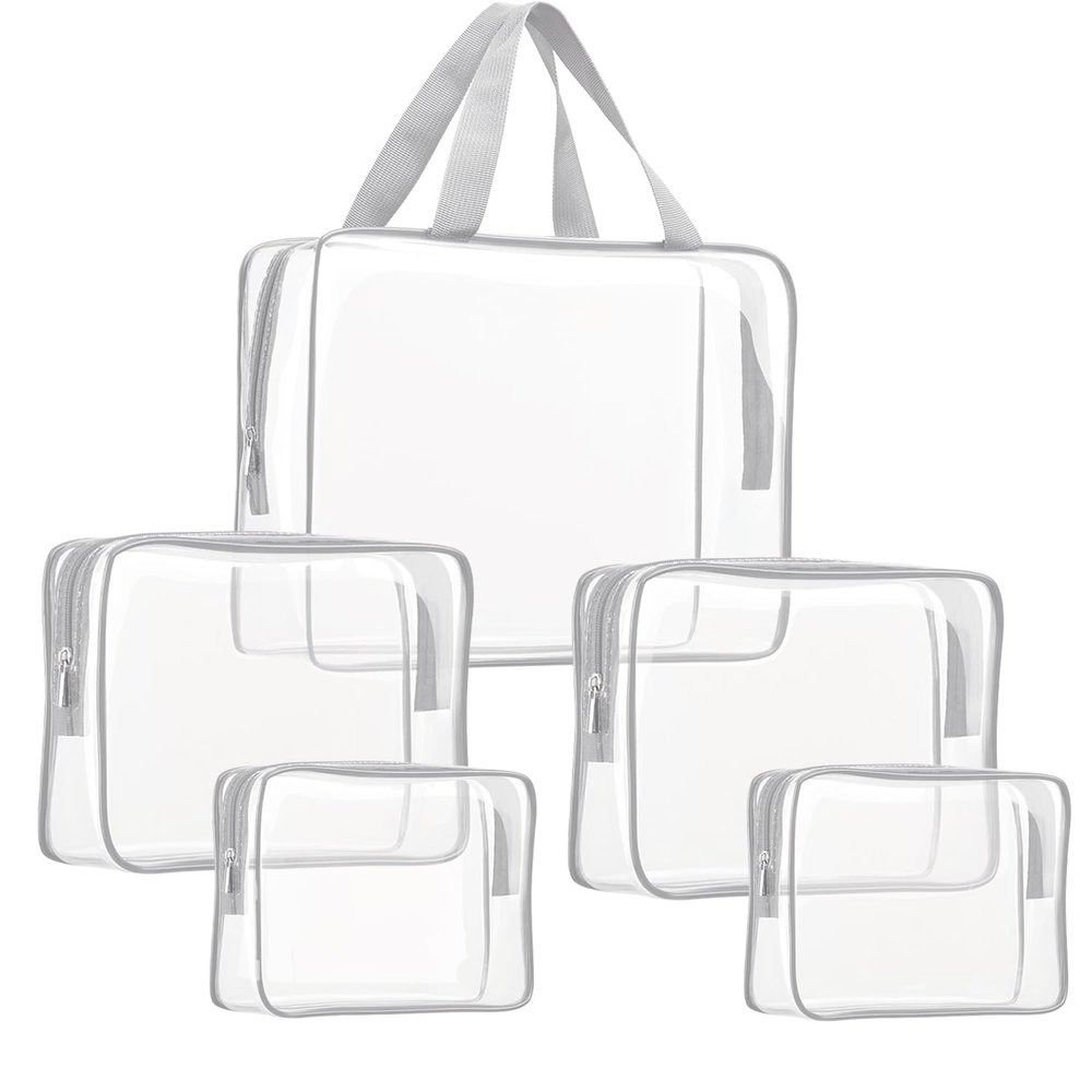 5Pcs Crystal Clear PVC Travel Toiletry Bag Kit for Women Men, Waterproof Vinyl Packing Organizer Storage Bags with Zipper Handle Straps, Cosmetic Pouch Carry on Airport Airline Compliant Bag Handbag