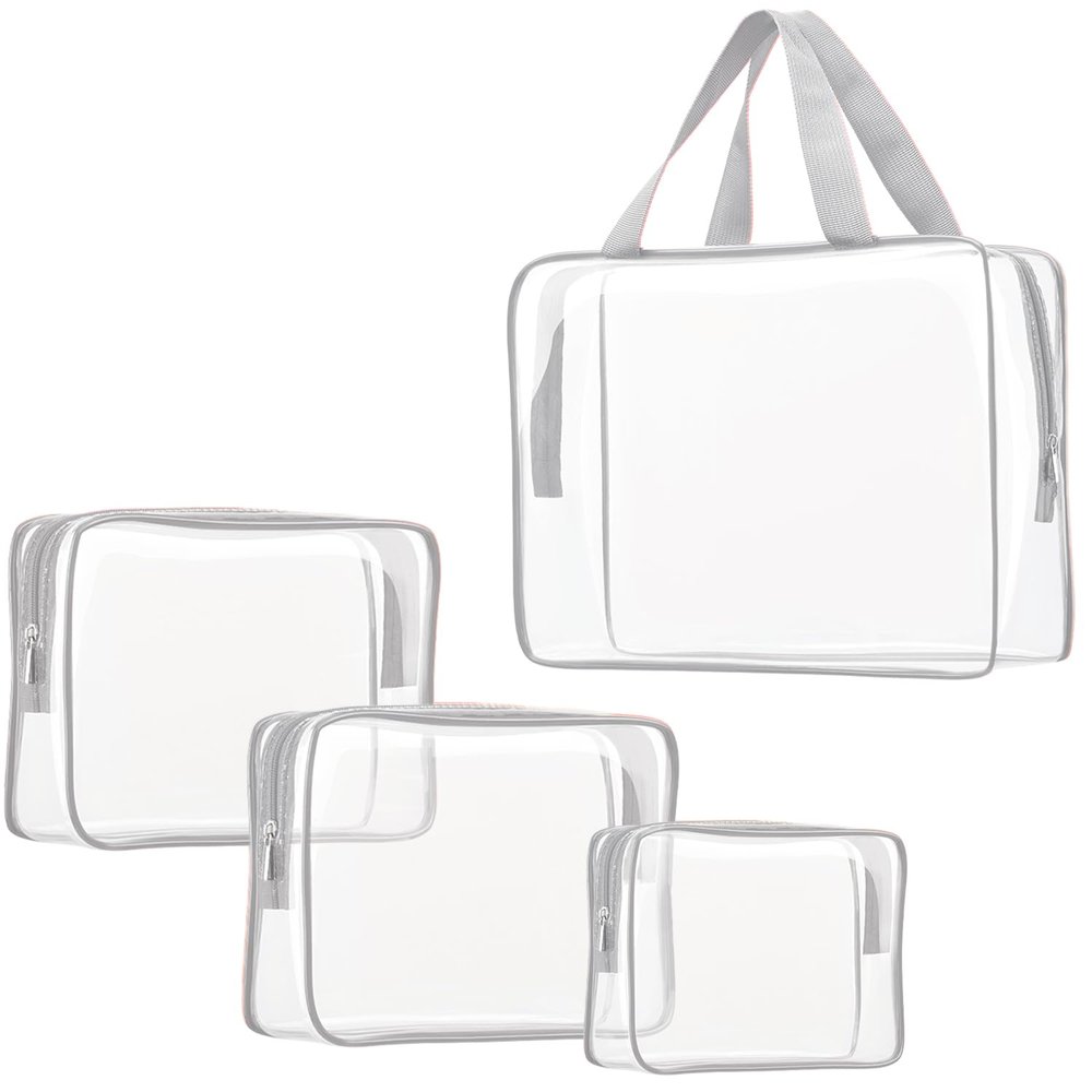 4Pcs Crystal Clear PVC Travel Toiletry Bag Kit for Women Men, Waterproof Vinyl Packing Organizer Storage Bags with Zipper Handle Straps, Cosmetic Pouch Carry on Airport Airline Compliant Bag Handbag