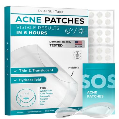 CLEOF Pimple Patches for Face & Body - Overnight Use, Invisible Acne Patch for Zits, Spots, Pimples, Whiteheads, Vegan, Cruelty-Free, Hypoallergenic Hydrocolloid Stickers (60 Count, 12mm)