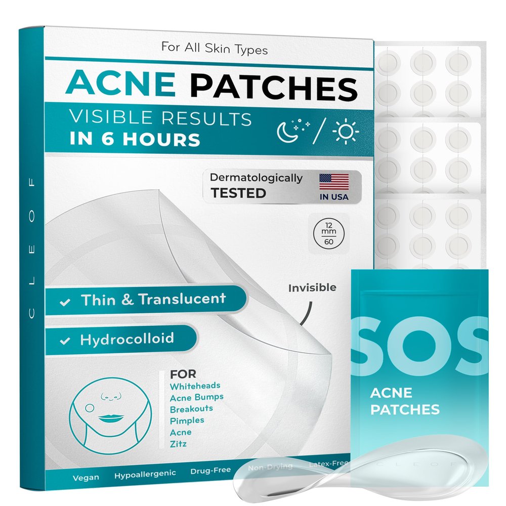 CLEOF Pimple Patches for Face & Body - Overnight Use, Invisible Acne Patch for Zits, Spots, Pimples, Whiteheads, Vegan, Cruelty-Free, Hypoallergenic Hydrocolloid Stickers (60 Count, 12mm)