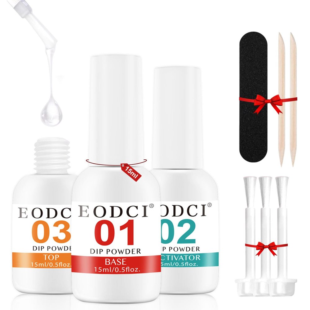 EODCI Dip Powder Liquid Set,15ml Large Capacity Dipping Powder System Essential Set with Base & Top Coat,Dip Activator, No Need Nail Lamp Cured,Good for Nail Salon and Beginners