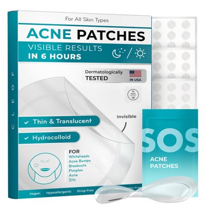 CLEOF Pimple Patches for Face & Body - Overnight Use, Invisible Acne Patch for Zits, Spots, Pimples, Whiteheads, Vegan, Cruelty-Free, Hypoallergenic Hydrocolloid Stickers (48 Count, 10mm)