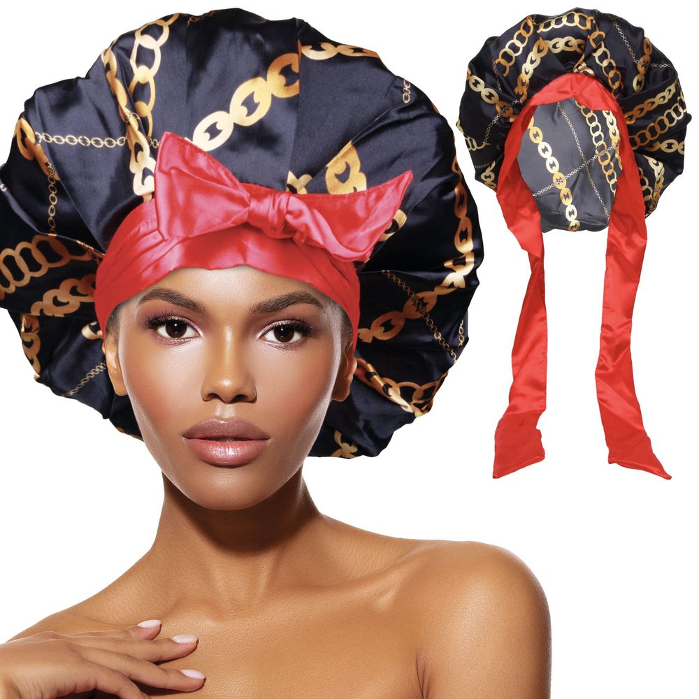 DONNA Large, Extra Large Adjustable Tie Satin Bonnet Sleep Cap 1pc Satin Headband Around Hairline & Nape Area Hair Accessories Night Cap Shower Caps, 1PC CHAIN PATTERN