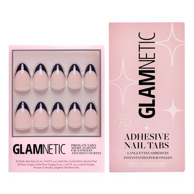Glamnetic Press-On Nails & Adhesive Nail Tabs - Caviar | Semi-Transparent with Black French Tips, Short Almond Nails, Reusable |