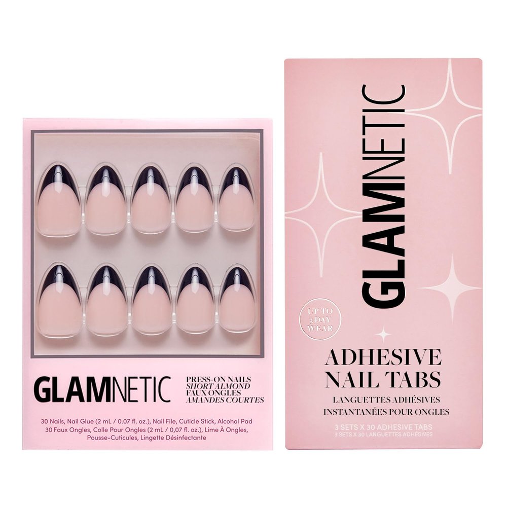 Glamnetic Press-On Nails & Adhesive Nail Tabs - Caviar | Semi-Transparent with Black French Tips, Short Almond Nails, Reusable |