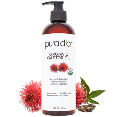 PURA D'OR 16 Oz Organic Castor Oil  Pure Cold-Pressed Hexane-Free USDA Certified  Lashes Brows Hair Scalp Skin  Botanical Moisturizer for Softness Strength Hydration Shine Radiance  Bulk Size