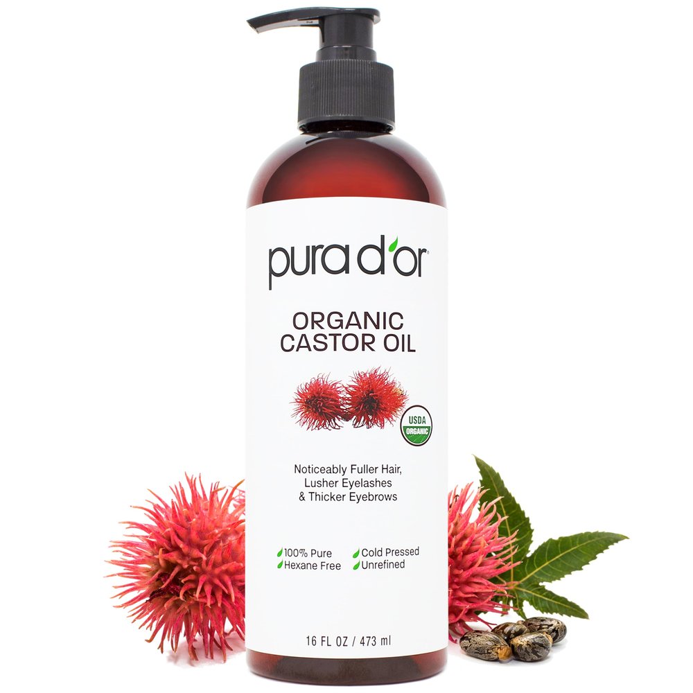 PURA D'OR 16 Oz Organic Castor Oil Pure Cold-Pressed Hexane-Free USDA Certified Lashes Brows Hair Scalp Skin Botanical Moisturizer for Softness Strength Hydration Shine Radiance Bulk Size