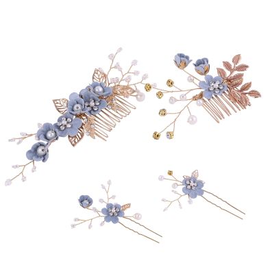 4Pcs Crystal Bride Hair Comb Handmade Wedding Hairpin Pearl Floral Leaf Hair Accessories for Women Wedding (Gold,Light Blue)