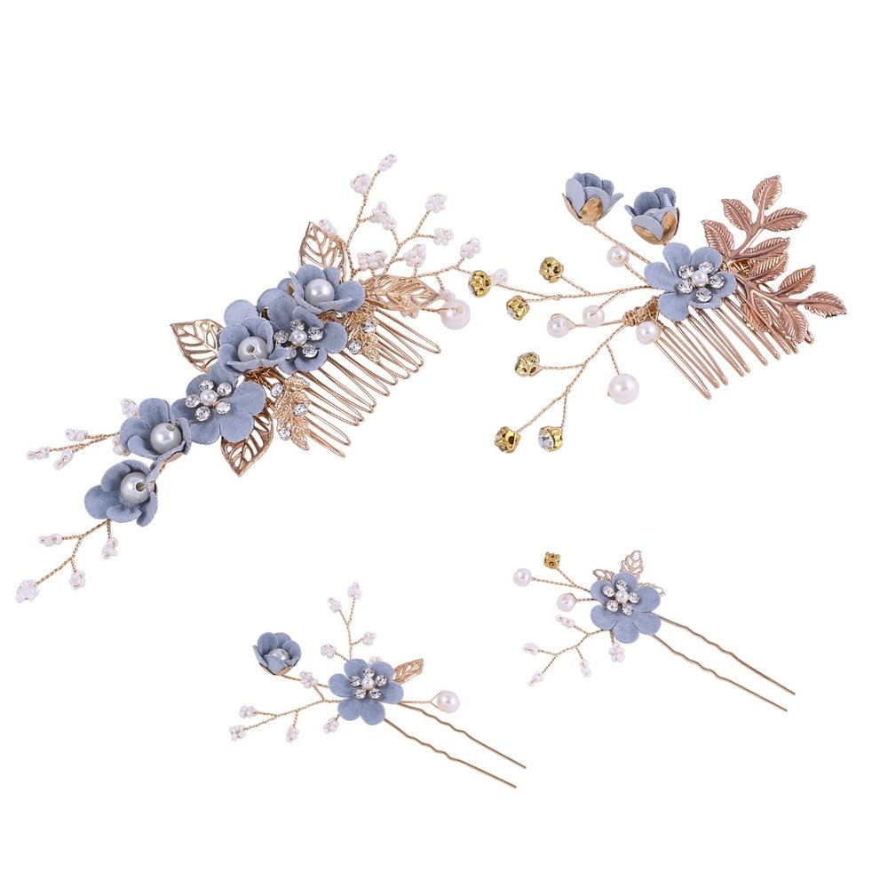 4Pcs Crystal Bride Hair Comb Handmade Wedding Hairpin Pearl Floral Leaf Hair Accessories for Women Wedding (Gold,Light Blue)