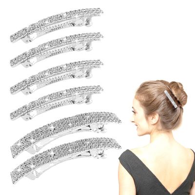 Crystal Hair Barrette 6Pcs Sparkly Brilliant Rhinestone Rectangular Barrettes French Design Bridal Fashion Gorgeous Bling Hair Clips Ponytail Holder Side Clips for Women and Girls 2.55 Inch Silver