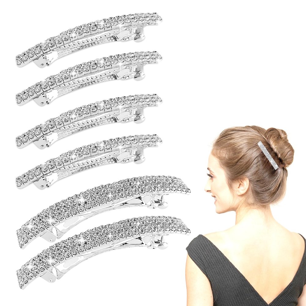 Crystal Hair Barrette 6Pcs Sparkly Brilliant Rhinestone Rectangular Barrettes French Design Bridal Fashion Gorgeous Bling Hair Clips Ponytail Holder Side Clips for Women and Girls 2.55 Inch Silver