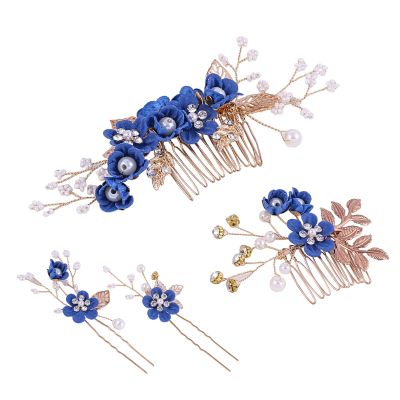 4Pcs Crystal Bride Hair Comb Handmade Wedding Hairpin Pearl Floral Leaf Hair Accessories for Women Wedding (Gold,Navy)
