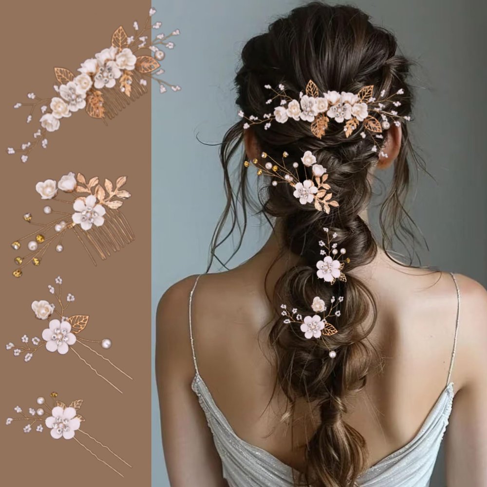 4Pcs Bridal Hair Combs Handmade Flower Leaf Wedding Hair Pins Accessories Crystal Headpiece Pearl for Brides Bridesmaids Women Girls (Gold)