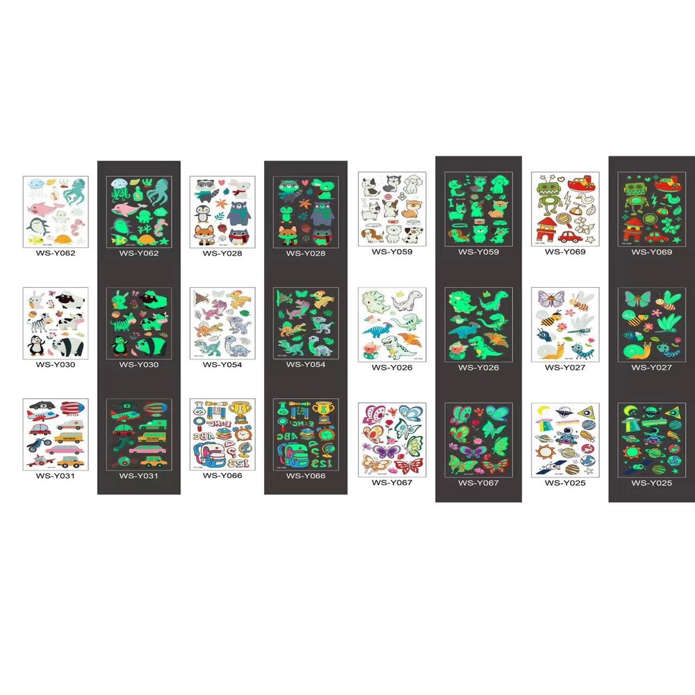 12sheets temporary tattoo for Kids cute Glow In The Dark fake Tattoos stickers waterproof luminous mixed style pup dinosaur cartoon tattoo Party Supplies Gifts for Children Birthday festival skin safe