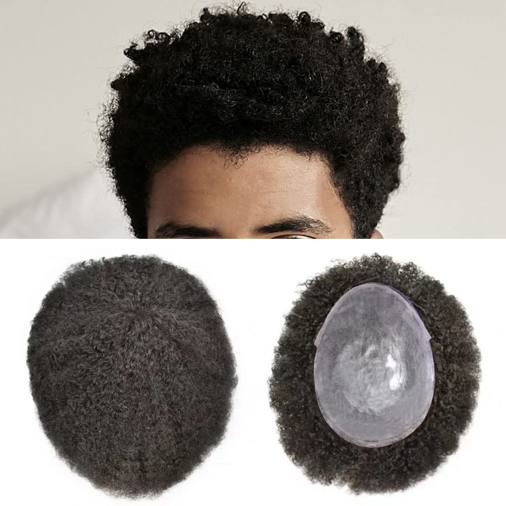 Afro Curl Toupee for Black Men Hair Piece Real Human Hair Full Poly Skin Curly Hair System for Black Men Weave Hair Units African American Mens Toupee 8x10 1B# OFF BLACK-4MM Afro Wave