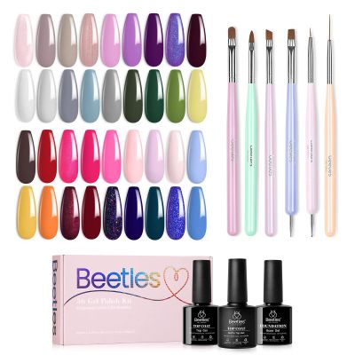 Beetles Gel Polish 36 Colors Nail Set Sparkle Glitter with 3Pcs Base Matte and Glossy Top & Nail Art Brushes Set with Nail Extension Gel Brush Nail Art Liner Brush and Nail Dotting Pen Salon at Home D