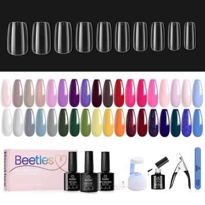 Beetles Gel Polish 36 Colors Nail Set Sparkle Glitter with Nail Extension Kit Short Square Pre-shaped False Nail Tips with 2 In 1 Nail Glue Gel Easy Diy Fast Manicure Set