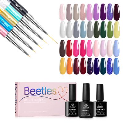 Beetles Gel Polish 36 Colors Nail Set Sparkle Glitter with Gel Polish Nail Art Liner Brushes 5Pcs Set Diamond Application Rhinestone Handle Dotting Drawing Sizes 5 7 9 11 20mm