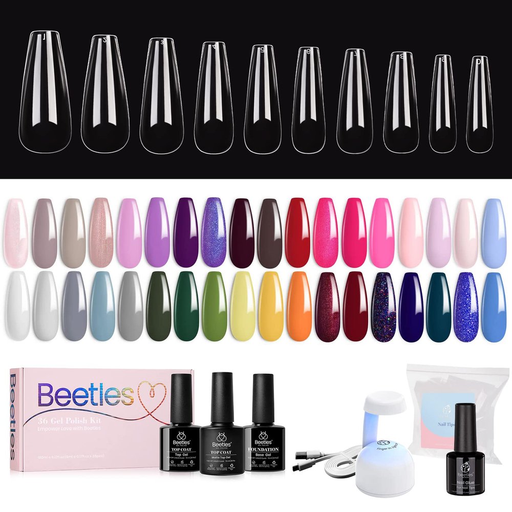 Beetles Gel Polish 36 Colors Nail Set Sparkle Glitter with 500Pcs Soft Gel Nail Tips Coffin Shape 2 In 1 Nail Glue Base Gel and Innovative Led Lamp kit