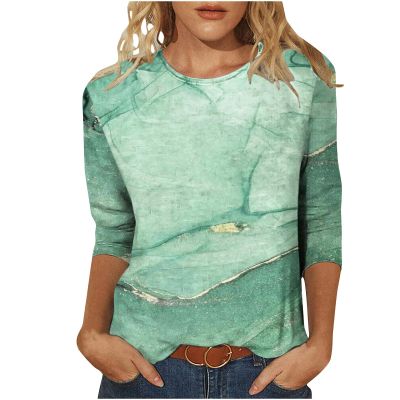 3/4 Length Sleeve Shirts for Women 2025 Casual Summer Blouses Crewneck Floral Printed Cute Tops Loose Fit Pullover