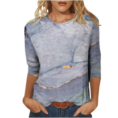 3/4 Length Sleeve Shirts for Women 2025 Casual Summer Blouses Crewneck Floral Printed Cute Tops Loose Fit Pullover