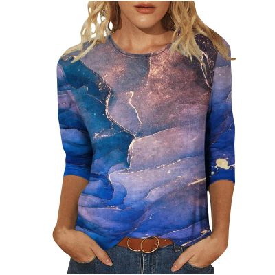 3/4 Length Sleeve Shirts for Women 2025 Casual Summer Blouses Crewneck Floral Printed Cute Tops Loose Fit Pullover
