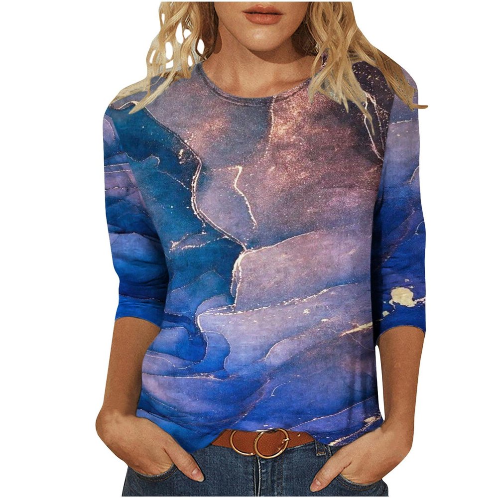 3/4 Length Sleeve Shirts for Women 2025 Casual Summer Blouses Crewneck Floral Printed Cute Tops Loose Fit Pullover