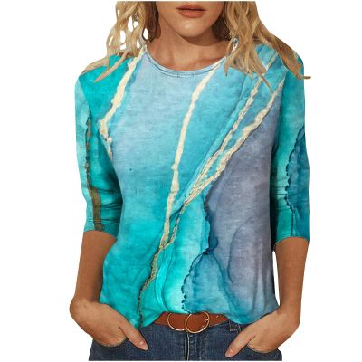 3/4 Length Sleeve Shirts for Women 2025 Casual Summer Blouses Crewneck Floral Printed Cute Tops Loose Fit Pullover