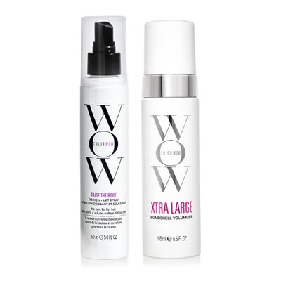 COLOR WOW BIG, Bomshell Bundle - The ultimate volumizing duo for fine, thin, limp hair. RAISE THE ROOT creates all-day lift at the roots while XTRA LARGE adds weightless mass for thick, glossy hair.