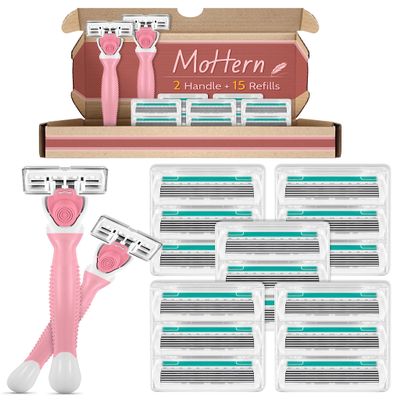 Razors for Women Sensitive Skin with 15 Blade Refills, 6 Blades Womens razors for Shaving Including 2 Travel Razors for Women with 15 Blade Refills,Green