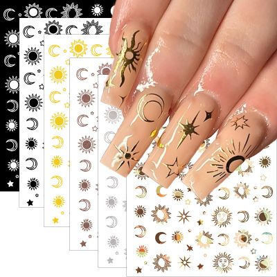 12 Sheets Sun Moon Star Nail Art Stickers Decals, 3D Self-Adhesive Fashion Trendy Minimalist Colorful Rose Gold Pegatinas Uas Design, DIY Manicure Decoration Supplies Accessories for Women Girls