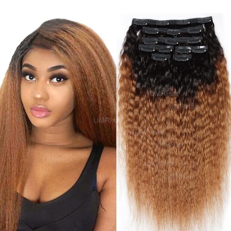 16inch Kinky Straight Clip ins Human Hair Extensions 1B/30# Ombre Medium Auburn Brazilian Real Human Hair for Black Women 8pcs 100g Seamless Yaki Straight Clip in Hair Extension Double Wefts Full Head