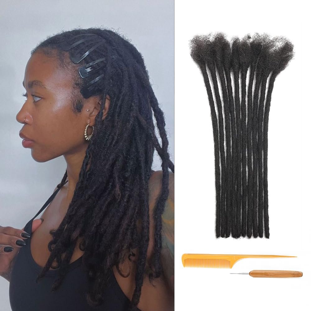0.6cm Thickness 10 Inch 60 Strands Loc Extensions 100% Real Human Hair Dreadlock Extensions for Man/Women Full Hand Handmade Can Be Dyed and Bleached Soft Dreadlocks with Needle and Comb
