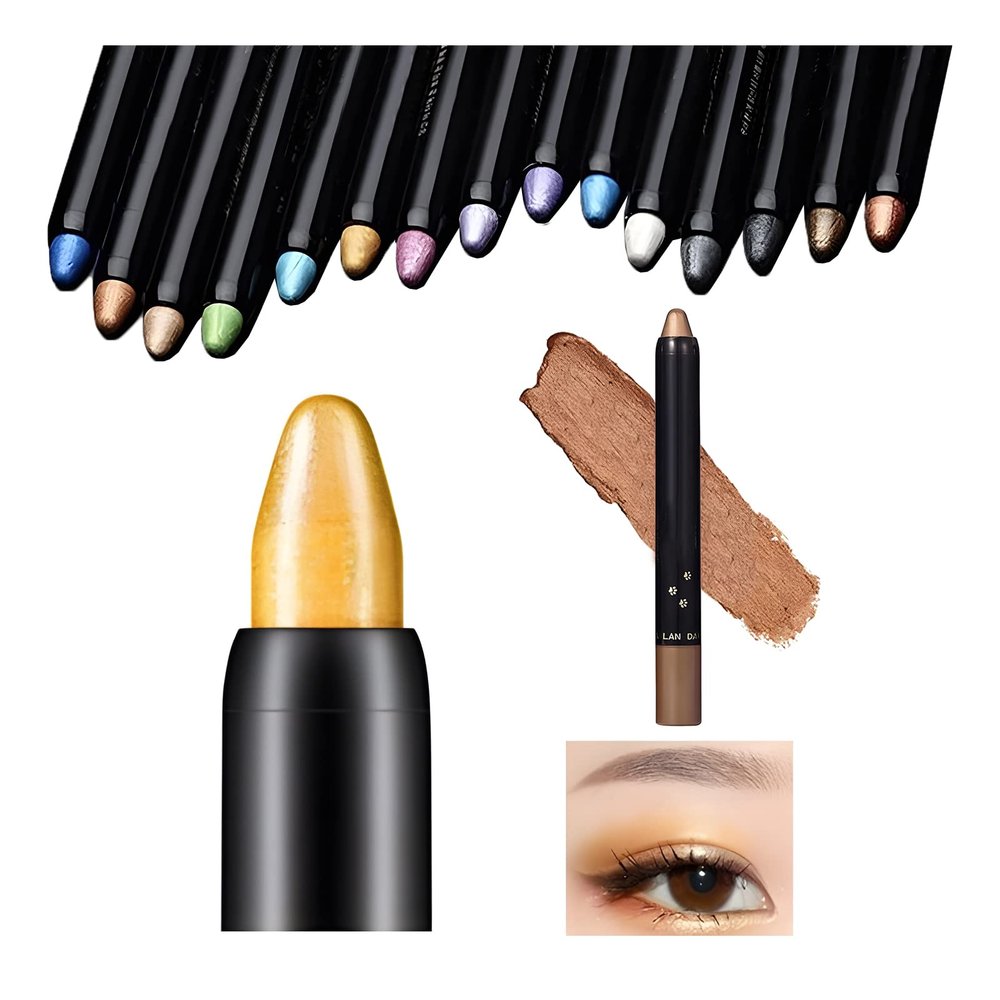 Flashstar Highlighter Eyeshadow Stick Waterproof Glitter Eye Shadow Pencil Eyeliner Pen, Pearl Shimmer, 2 in 1 Metallic Lying Silkworm Eyeshadow Highlighter Makeup Kit for Girls Women (06 Gold)