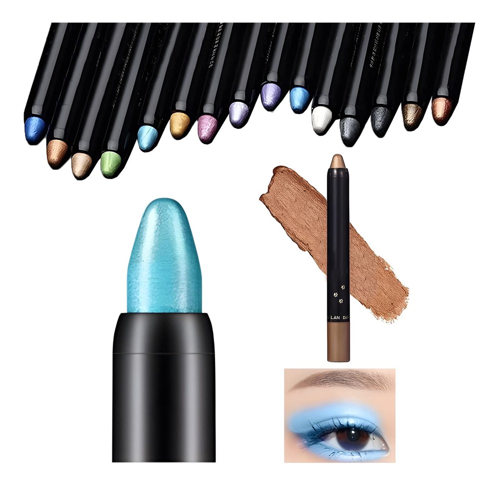 Highlighter Eyeshadow Stick Waterproof Glitter Eye Shadow Pencil Eyeliner Pen, Pearl Shimmer, 2 in 1 Metallic Lying Silkworm Eyeshadow Highlighter Makeup Kit for Girls Women (11 Clorful Blue)