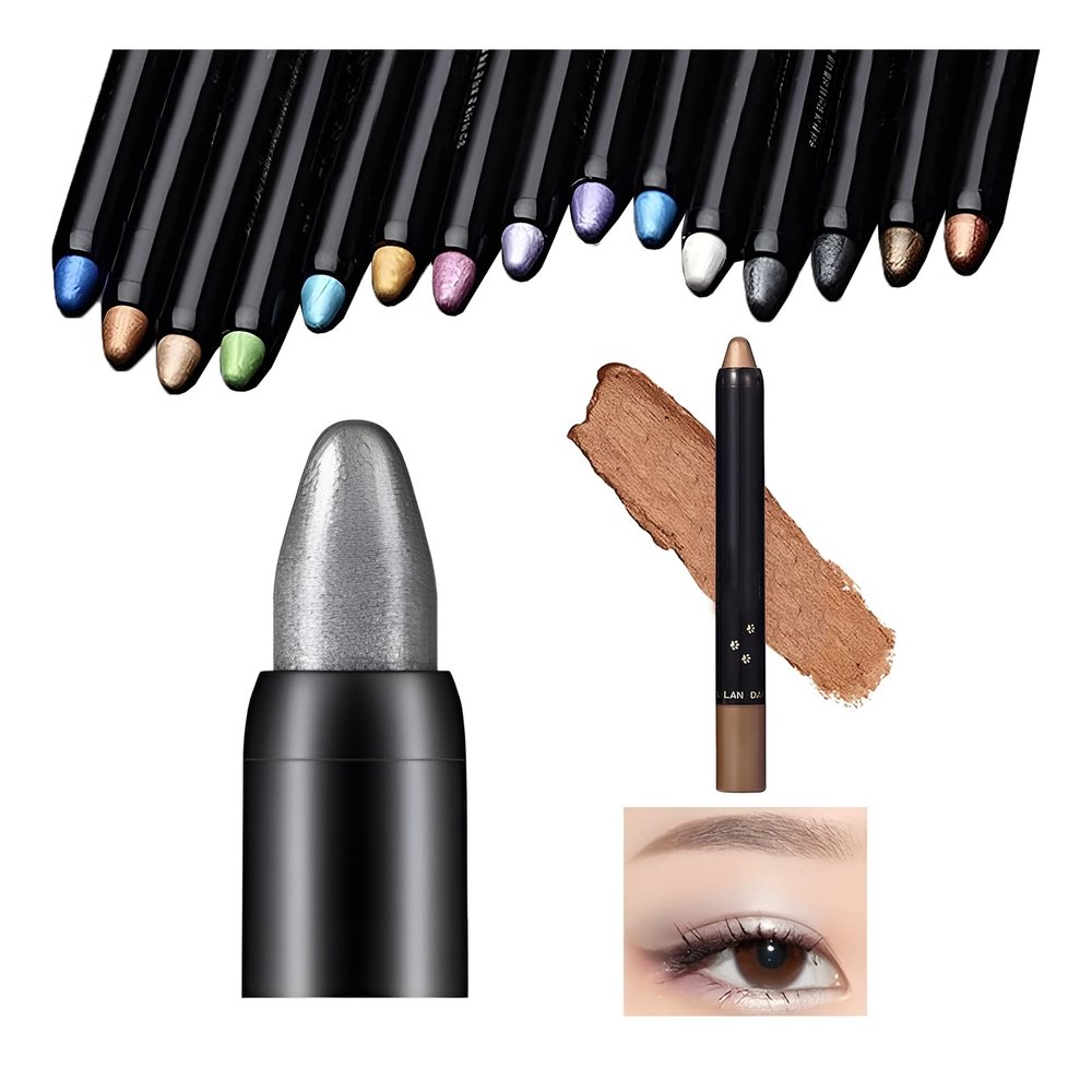 Flashstar Highlighter Eyeshadow Stick Waterproof Glitter Eye Shadow Pencil Eyeliner Pen, Pearl Shimmer, 2 in 1 Metallic Lying Silkworm Eyeshadow Highlighter Makeup Kit for Girls Women (02 Gray)