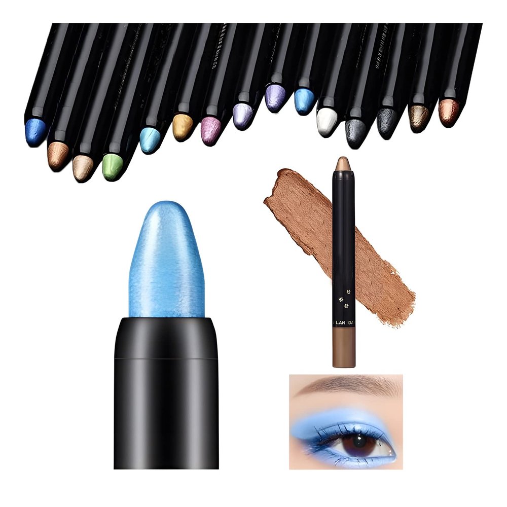 Flashstar Highlighter Eyeshadow Stick Waterproof Glitter Eye Shadow Pencil Eyeliner Pen, Pearl Shimmer, 2 in 1 Metallic Lying Silkworm Eyeshadow Highlighter Makeup Kit for Girls Women (10 Sky Blue)