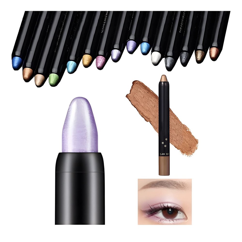 Highlighter Eyeshadow Stick Waterproof Glitter Eye Shadow Pencil Eyeliner Pen, Pearl Shimmer, 2 in 1 Metallic Lying Silkworm Eyeshadow Highlighter Makeup Kit for Girls Women (08 Fluorescent Purple)