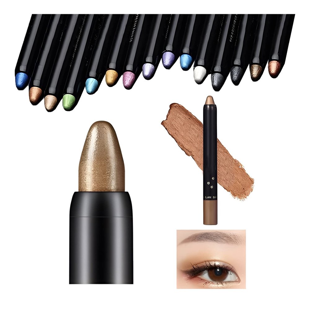 Highlighter Eyeshadow Stick Waterproof Glitter Eye Shadow Pencil Eyeliner Pen, Pearl Shimmer, 2 in 1 Metallic Lying Silkworm Eyeshadow Highlighter Makeup Kit for Girls Women (04 Light Khaki)
