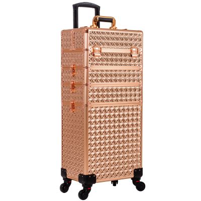 AROUS 5 in 1 Rolling Makeup Train Case Cosmetology Case on Wheels Large Cosmetic Organizer Travel Cart for Hairstylist Artist Nail Beauty Salon Barber,Gold