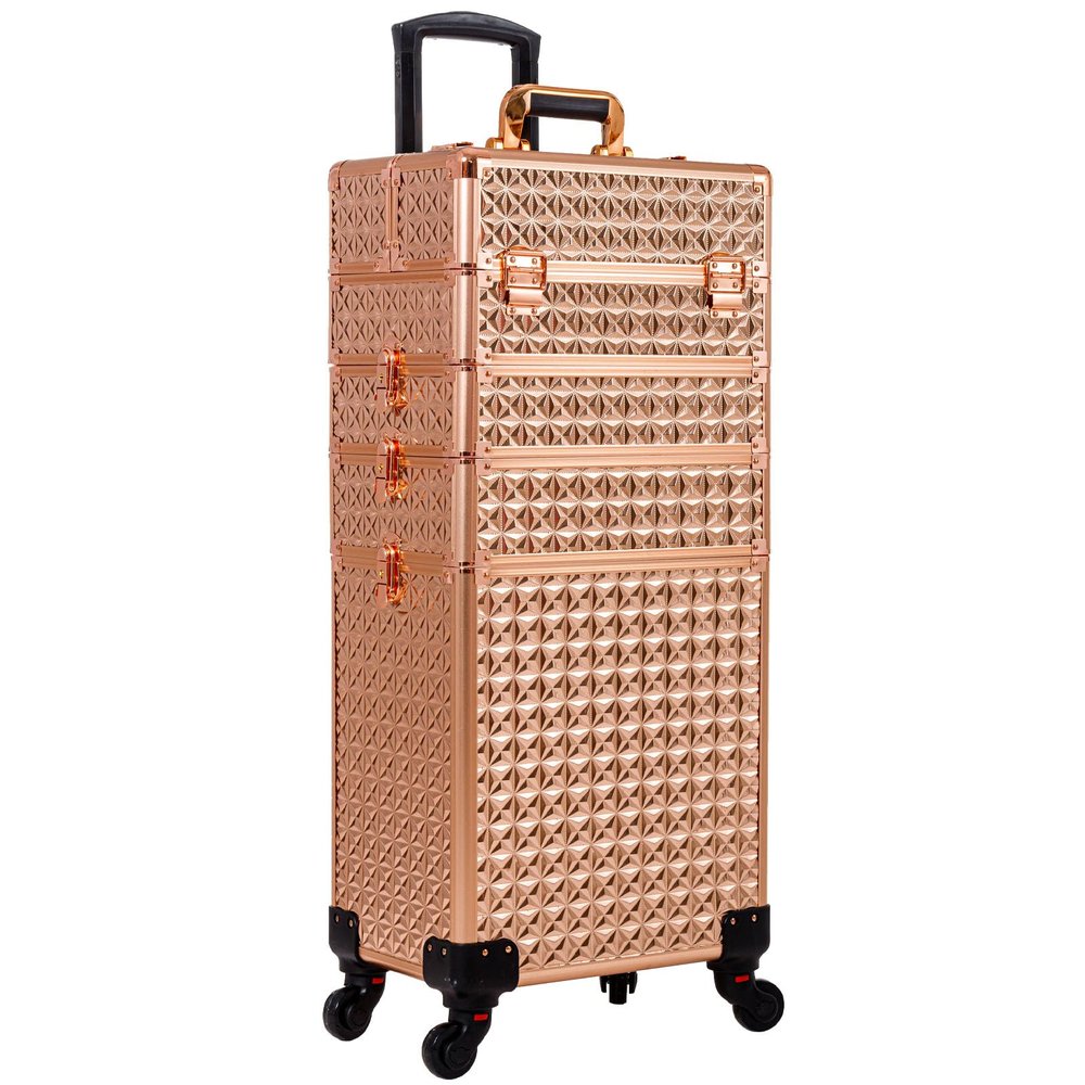 AROUS 5 in 1 Rolling Makeup Train Case Cosmetology Case on Wheels Large Cosmetic Organizer Travel Cart for Hairstylist Artist Nail Beauty Salon Barber,Gold