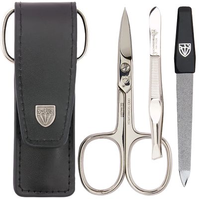 3 Swords Germany - brand quality 3 piece manicure pedicure grooming kit set for professional finger & toe nail care scissors file genuine leather case in gift box, Made in Solingen Germany