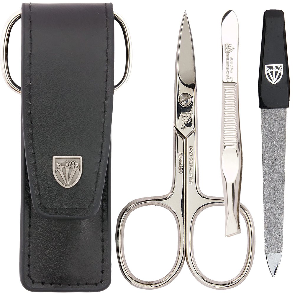 3 Swords Germany - brand quality 3 piece manicure pedicure grooming kit set for professional finger & toe nail care scissors file genuine leather case in gift box, Made in Solingen Germany