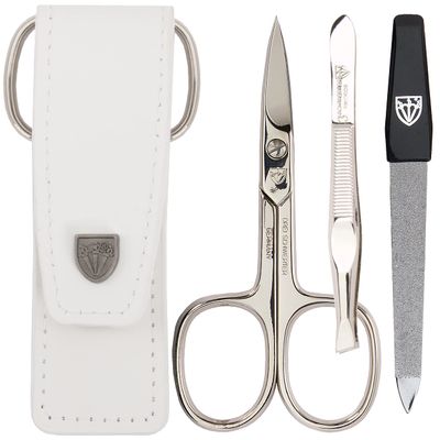 3 Swords Germany - brand quality 3 piece manicure pedicure grooming kit set for professional nail care scissors file genuine leather case in gift box, Made in Solingen Germany