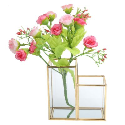 4.7x2.4x4.7in Clear Glass Pen Holder 2 Compartments Copper Plated Metal Inlay Pencil Organizer Makeup Brush Holder Vanity Organizer for Storing Makeup Brushes,Various Pens,Mascara,Lipstick,Brushes